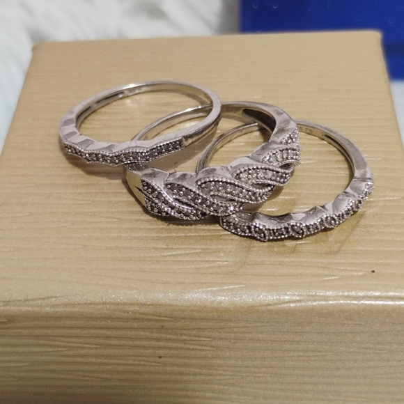 SALE! Stunning 3 Ring Trio Solid 925 Sterling Silver Genuine Diamonds Set - Picture 5 of 15
